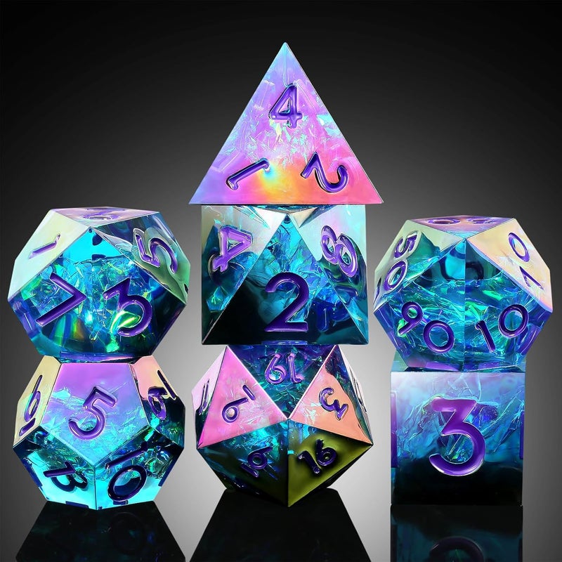 DNDND Iridescent Plating DND Dice, Handmade Resin Sharp Edge D&D Die with Gift Case for Dungeons and Dragon Tabletop Games (Iridescent Plating Green & Blue) - Image 1